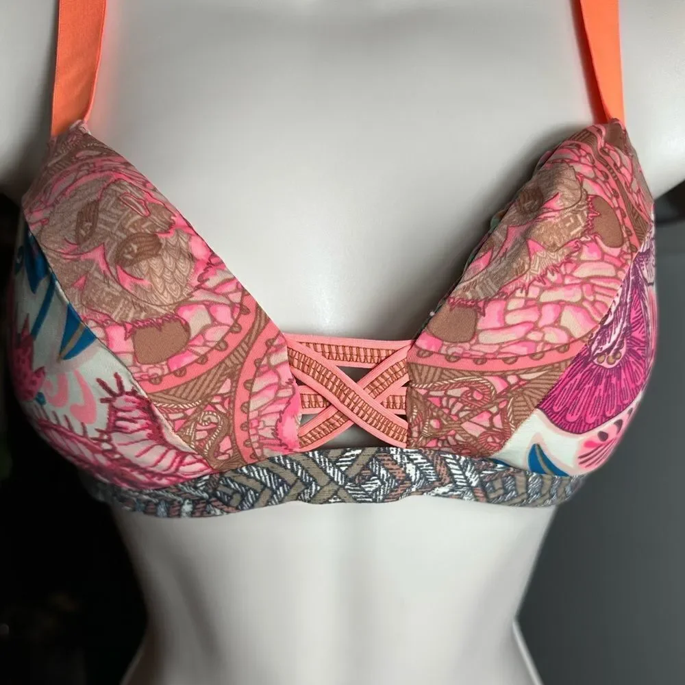 Maaji Neon Coral Pink Pineapple Sea Horse Print Reversible Bikini Top - Picture 5 of 9